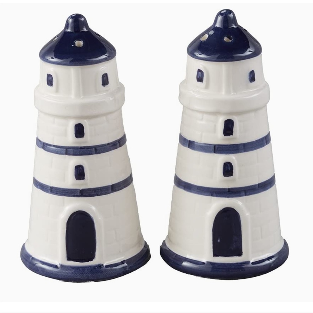 Lighthouse Salt Pepper Shakers Ceramic Navy & White Nautical Decor